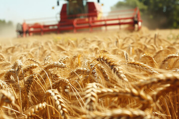 Golden Wheat Harvest with Combine in Background