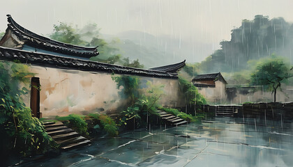 Sticker - A picture of ancient Chinese architecture in the summer rain, show the beauty of Chinese culture.