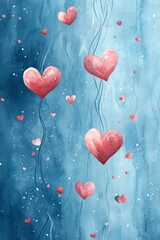 Canvas Print - A watercolor illustration of hearts floating on a blue background.