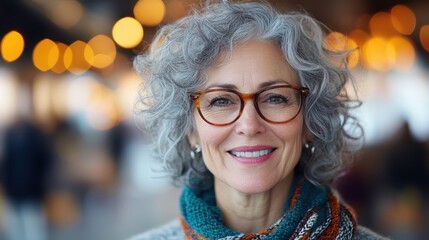 A joyful woman with curly gray hair and glasses, wrapped in warm attire, smiling brightly in an inviting indoor setting, conveying happiness and contentment.