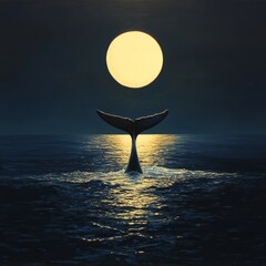 Canvas Print - A whale's tail emerges from the ocean under a full moon.