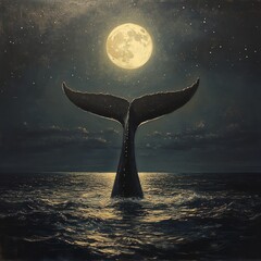 Sticker - A whale's tail emerges from the ocean under a full moon.