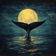 Wall Mural - A whale's tail emerges from water under a glowing moon.