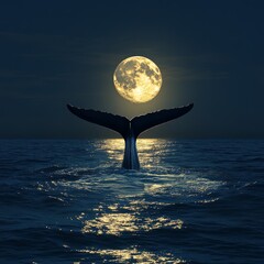 Poster - A whale's tail rises from the ocean beneath a glowing full moon.