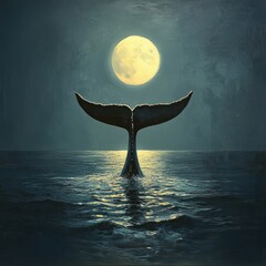 Poster - A whale's tail rises from the ocean under a full moon.