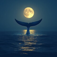 Wall Mural - A whale's tail rises from the ocean under a full moon.