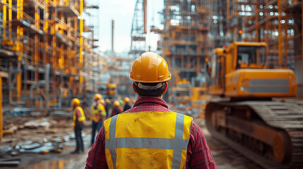 Back view of engineer or architect in hardhat standing on construction site background.