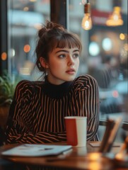 Wall Mural - Coffee Shop Moment - Young Woman in Sweater