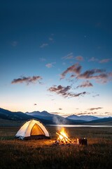 a couple enjoying a quiet evening by the campfire, with their tent illuminated from within.