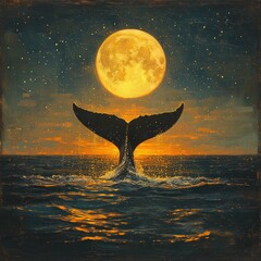 Sticker - A whale's tail splashes under a full moon over the ocean.