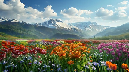 Wide view of vibrant flower fields set against a mountainous backdrop, showcasing the rich colors and scenic beauty in realistic detail