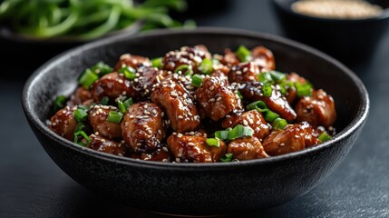 Close-up image of a bowl filled with delicious brown chicken glazed with sauce, topped with sesame seeds and chopped green onions, enhancing its visual and culinary appeal.