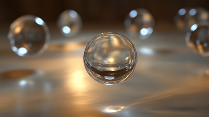 Floating glass orbs reflecting light and casting soft shadows in a dark, empty space.