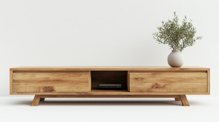 Wall Mural - A minimalist wooden TV stand with storage space, isolated on a white background