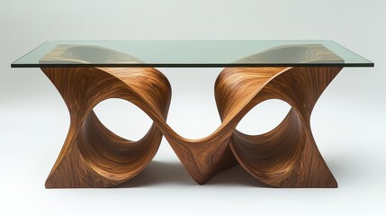 A modern wooden dining table with a glass top on a clean white background