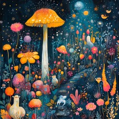 Canvas Print - A whimsical forest scene with vibrant mushrooms and flora.