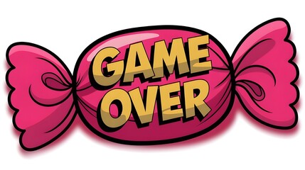 A cartoon-style photo of a pink candy with the text 