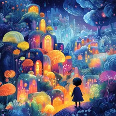 Sticker - A whimsical night scene with glowing buildings and vibrant flora.