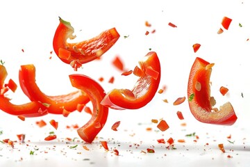 Wall Mural - A group of bright red peppers falling from above