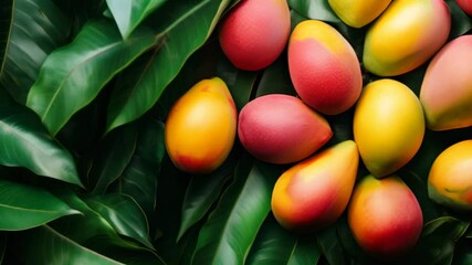 Poster - Artistically arranged mangoes among lush green leaves, highlighting vibrant colors and fresh produce.