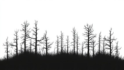 Black and white silhouette of a dark, mysterious forest with mist, blending fantasy and cartoon illustration styles, ideal for wallpaper, backdrop, or atmospheric background.