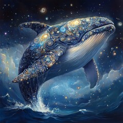 Wall Mural - A whimsical whale adorned with cosmic patterns breaching the ocean.