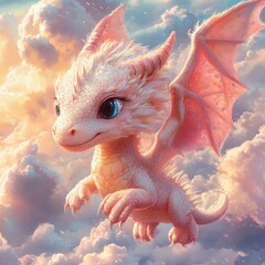 Poster - A whimsical, cute dragon flying through colorful clouds.