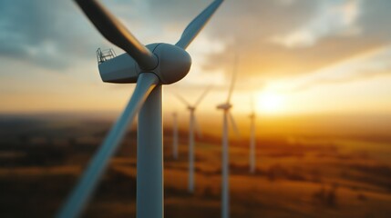 A scenic sunset captures towering wind turbines in the foreground, emphasizing sustainable energy and the modern pursuit of environmental harmony and renewable resources.