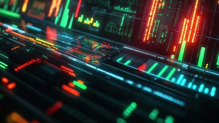 Close-up of capital growth analysis, glowing risk indicators on a holographic screen, sharp red and green data points, vibrant neon lighting, high-tech office, 3D render.