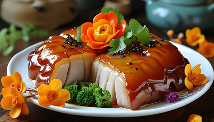 Wall Mural - Delicious gold-medal pork with special steamed bread, the charm of Chinese cuisine