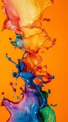 Wall Mural - Colorful paint splashing and mixing together on orange background