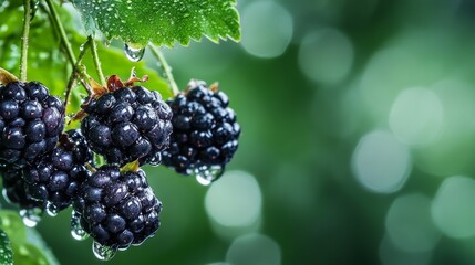 Vibrant close-up of dew-covered blackberries on branch with blurred green background, detailed textures and water droplets, hyper-realistic.