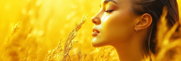 A relaxed woman within a field of golden grains, glowing under bright sunlight, capturing the rural essence.