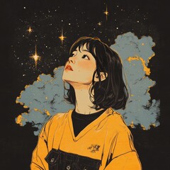 Sticker - A woman gazing at the stars, surrounded by clouds and cosmic elements.