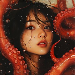 Wall Mural - A woman partially submerged, surrounded by octopus tentacles.