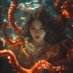 Wall Mural - A woman submerged in water surrounded by red octopus tentacles.