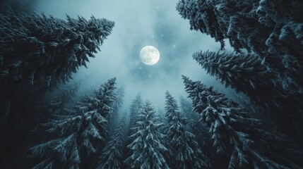 An enchanting night-time scene depicting a dense forest blanketed in snow under the light of a full moon, evoking a sense of mystery and calm as the moon glows brightly in the sky.