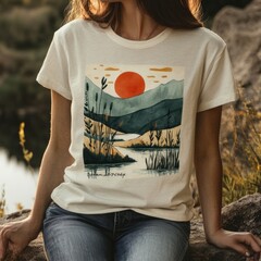 A woman wearing a nature-themed graphic t-shirt by a river.