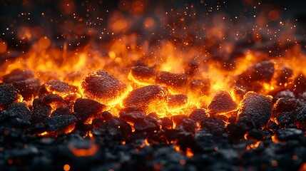 Wall Mural - burning hot coals glowing in the dark with sparks flying