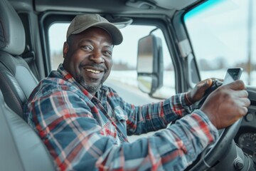 A person sitting in the driver's seat of a pickup truck