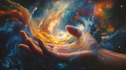 Wall Mural - hand capturing a nebula: a hand gently grasping a swirling, colorful nebula, with tendrils of gas an