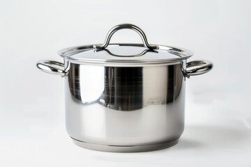 A stainless steel pot sitting on a clean white surface