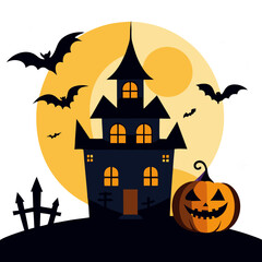 Wall Mural - Halloween background with pumpkin and bats house with transparent background 