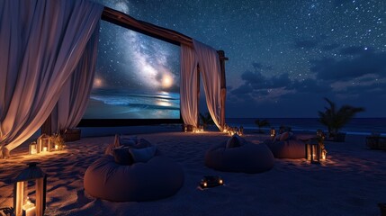 Sticker - luxurious beachside movie theater setup during