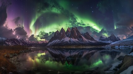 Wall Mural - Majestic northern lights dancing over snowy mountain peaks reflected in calm lake at night