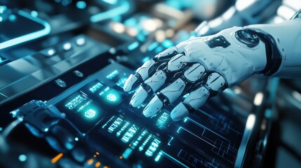 A futuristic robotic hand interacts with advanced technology, showcasing innovation and precision in automation.