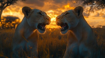 Two lionesses showing teeth at sunset in the savanna