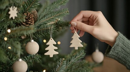 Hand decorating Christmas tree with handmade ornaments, close-up. Eco-friendly holiday decor, sustainable, zero waste concept.