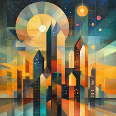 Canvas Print - Abstract cityscape with geometric shapes and vibrant colors.