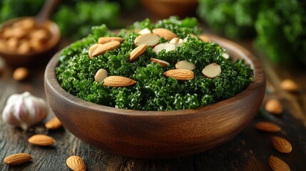 Wall Mural - Cooking a meal with immune boosting ingredients like garlic, kale, and almonds